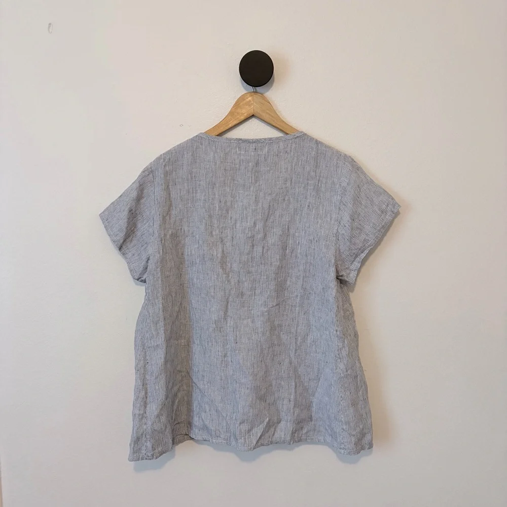 FLAX Linen Micro Stripe Top Short Sleeve Blue White Size S - Picture 6 of 6